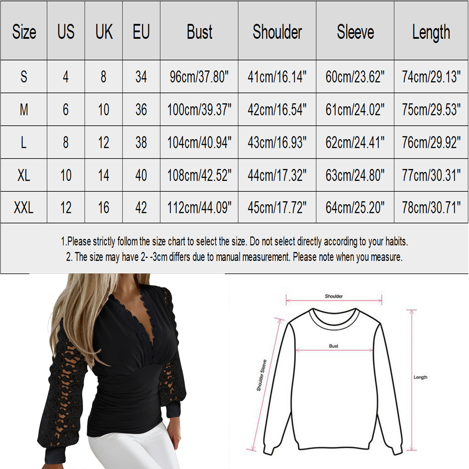 thumbnail image 3 of Blusa de malla de encaje transparente para mujer - Ribete de pedrería, cuello en V, manga larga - Top elegante y ajustado para ocasiones informales/fiestas - Tallas US/UK/EU S-XXL, 3 of 8